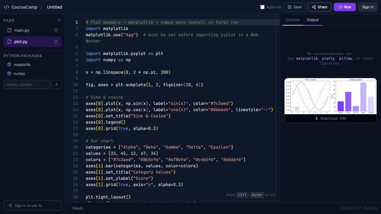 CourseCamp Python Playground editor